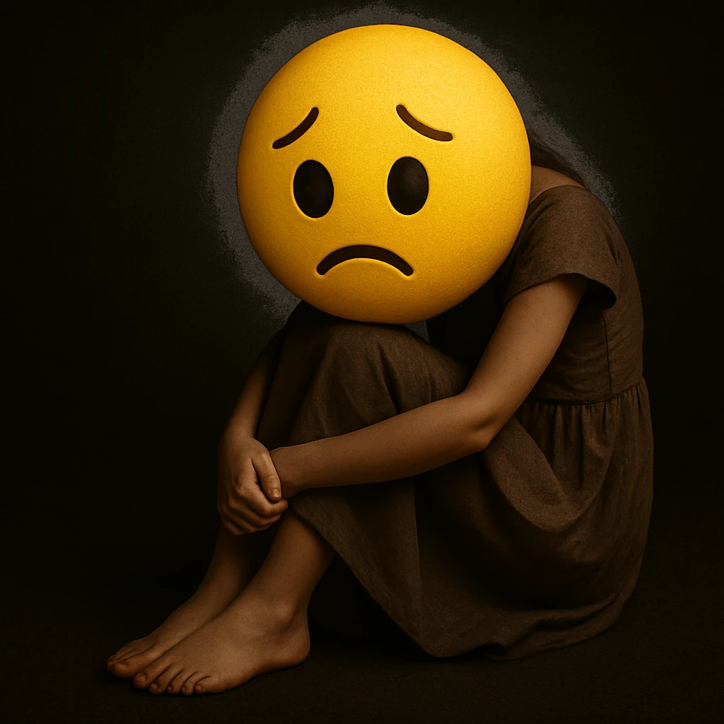 Replace the girl's face with a classic yellow emoji face, keeping the rest of the image and mood unchanged. The style should resemble a classic yellow emoji face. emoji