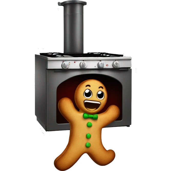 Oven with scared gingerbread man running away emoji