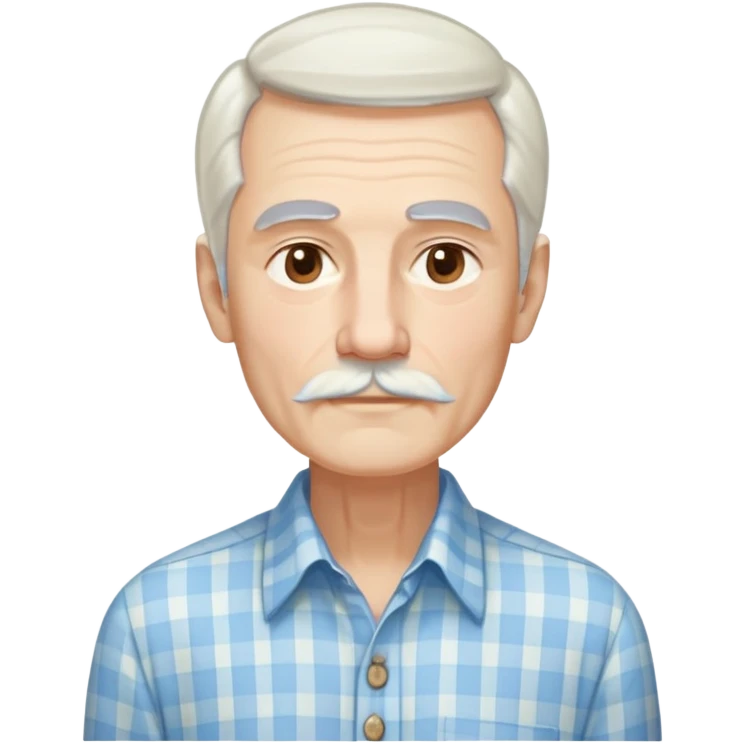 Skinny man in his 70s with fair skin. Long narrow face. Gentle light brown eyes. Long, flowing straight white hair reaching past shoulders, with light bangs. Thin eyebrows. White goatee connected to mustache. Slender appearance. Wearing a light blue and beige checkered button-up shirt. emoji