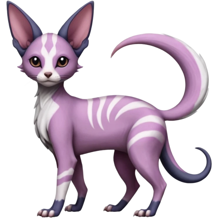 Fluffy, Purple, white, black, Minccino-Sphynx-Lykoi-Linoone-Zangoose-fusion-hybrid-animal-Fakémon-creature, full body, thin long sleek scaly tail, intricate markings emoji
