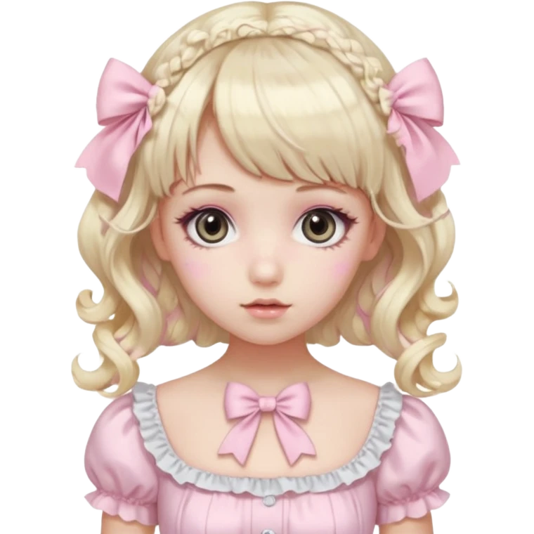 pale girl , who has curly medium length blonde and baby pink swirled hair with bangs , grey eyes , and doll like makeup , in a light pink lolita hime gyaru dress emoji | AI Emoji Generator emoji
