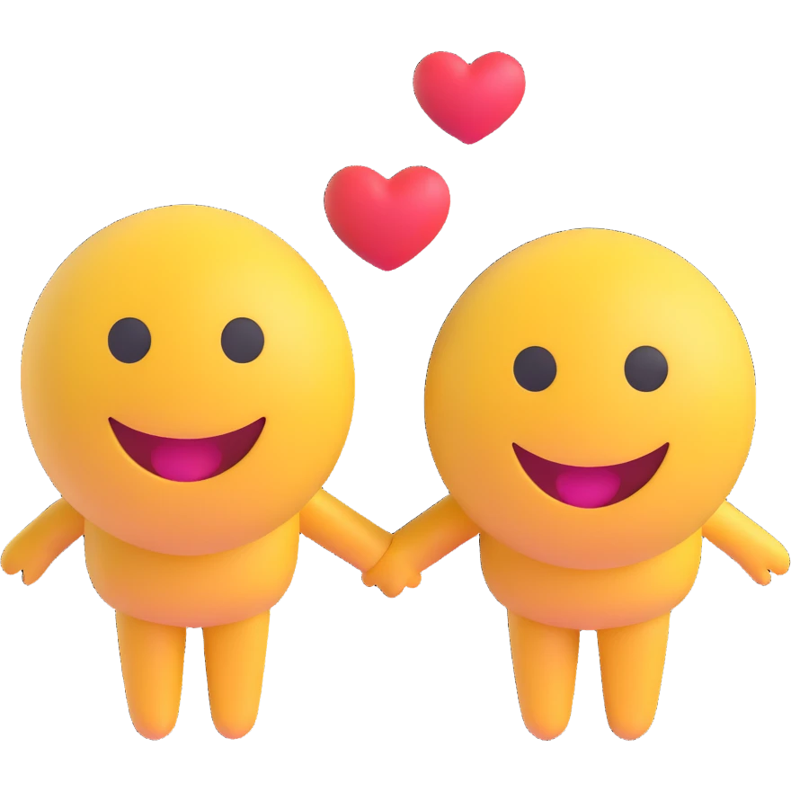 3D smiley emoji, round shape, in love, boy and girl smileys holding hands, hearts, no body emoji