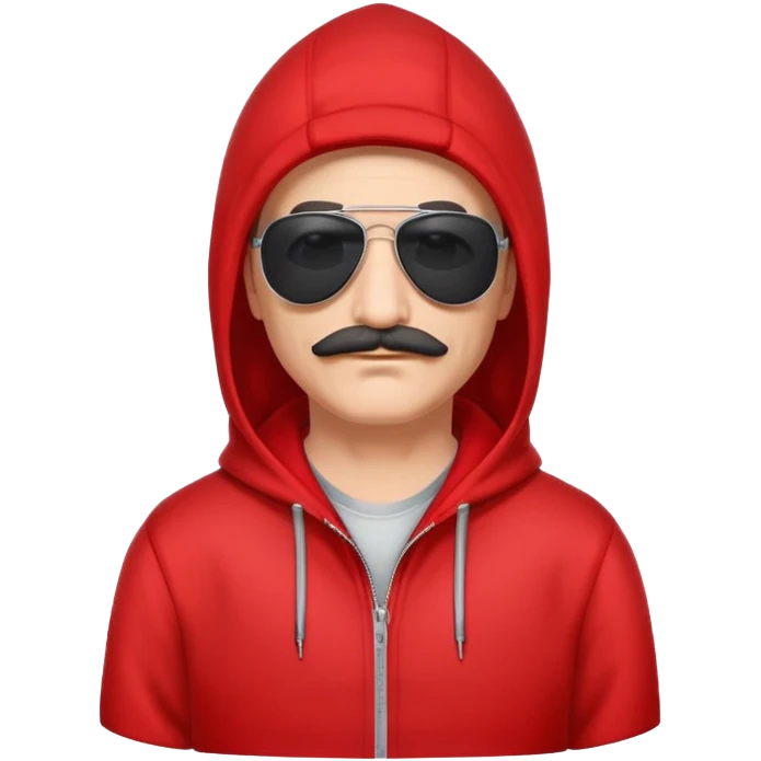 50-year-old man with a thin mustache, black aviator sunglasses, wearing a red hoodie with hood up emoji