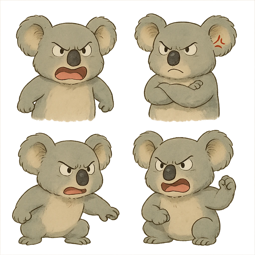 angry koala with different poses and expressions in ghibli style emoji