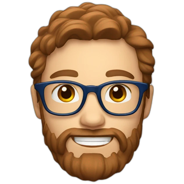 Scandinavian with blue eyes long and brown hair and a beard and red glasses and a big smile emoji
