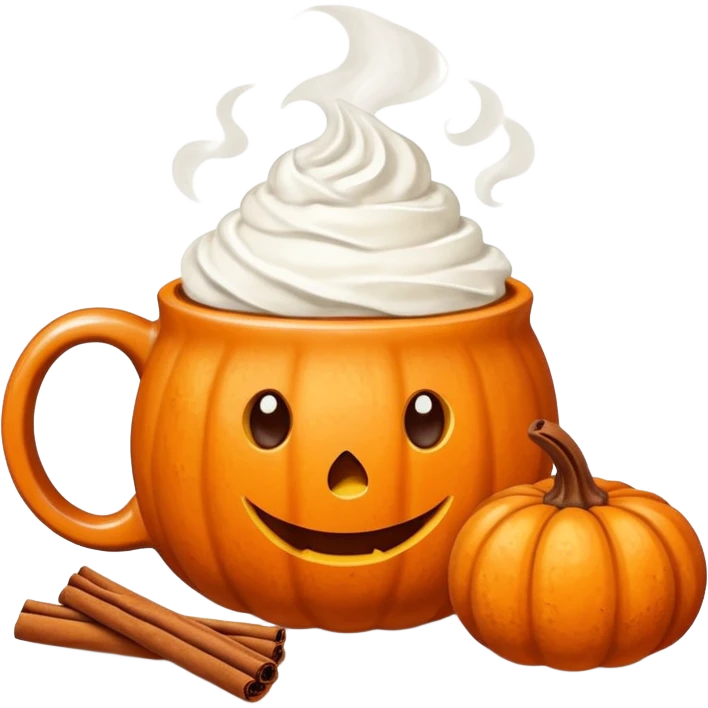 Steaming coffee Mug with whipped Cream and cinnamon Dust on Cream.  Small Punkin and 3 sticks of cinnamon next to mug emoji