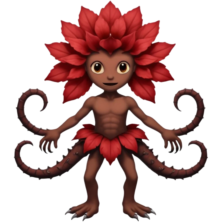 A flower like a monster with arms and legs, the body is a little bit black and the another bit brown like a demogorgon the head part red emoji