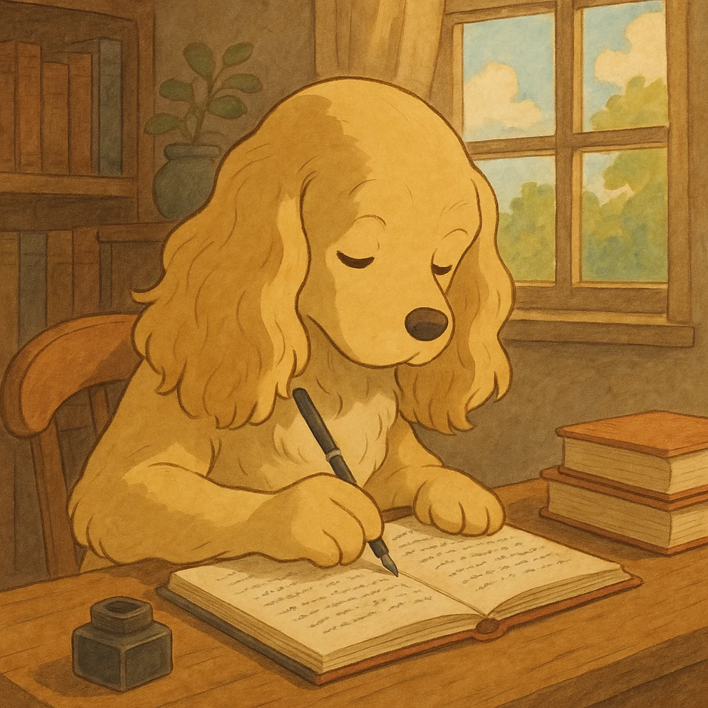Blonde cocker spaniel writing a novel   emoji