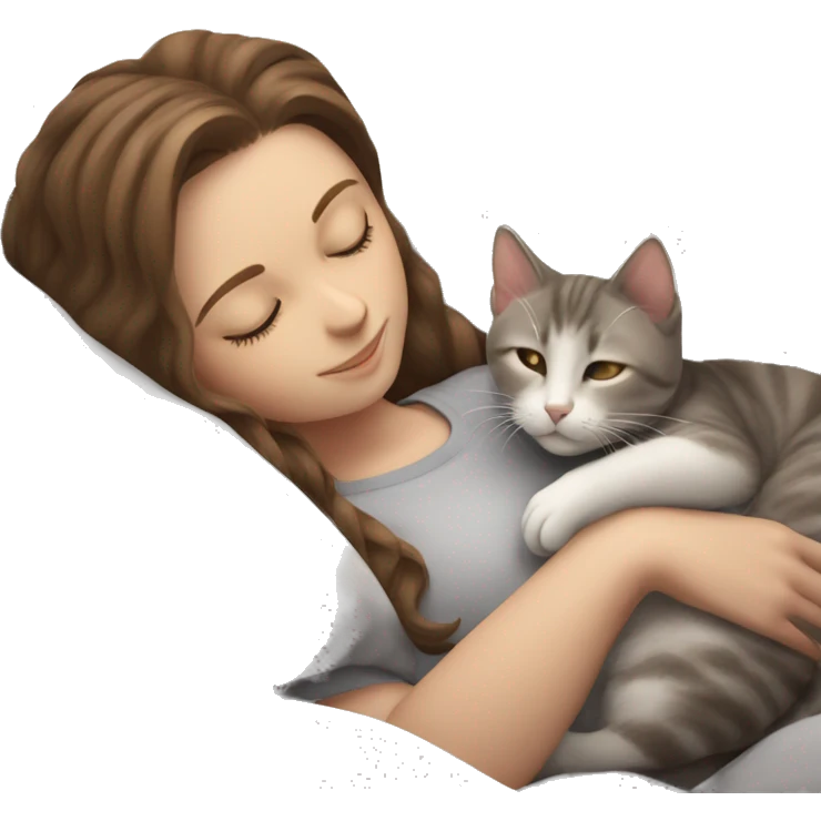 White girl brown hair sleeping with light grey kitten emoji