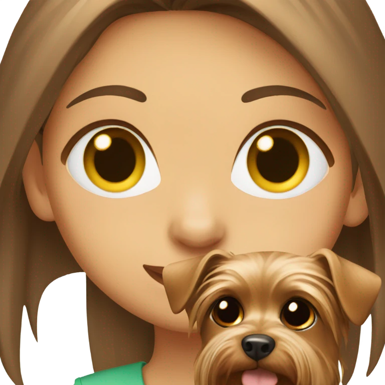 Green eyed girl with brown hair holds Yorkshire Terrier emoji