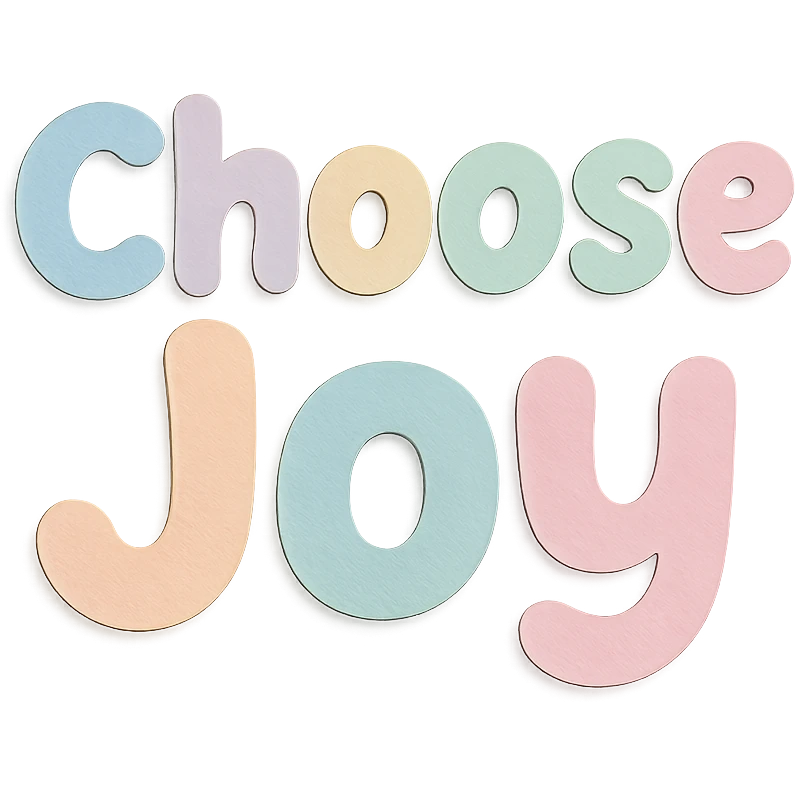 Cute bubble font "Choose Joy" in soft pastel rainbow rounded letters, no frame, transparent background emoji