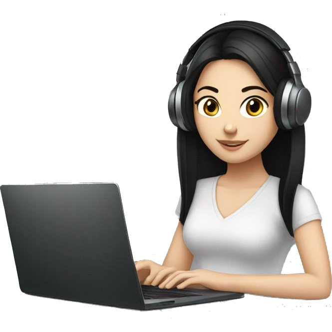 white girl with black hair working on laptop with headphones emoji