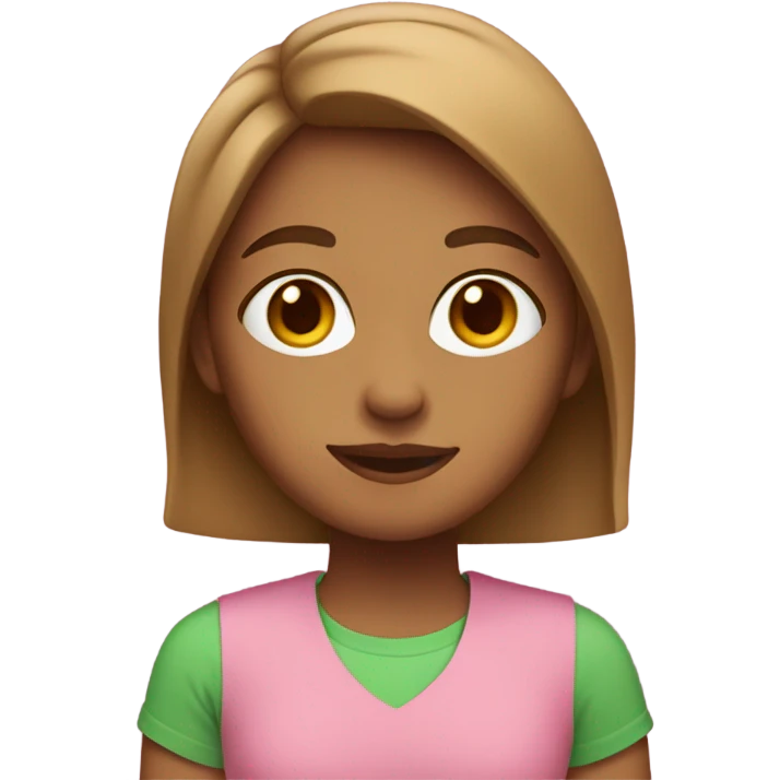 Light brown girl with below shoulder length hair wearing pink t-shirt with green trim  emoji