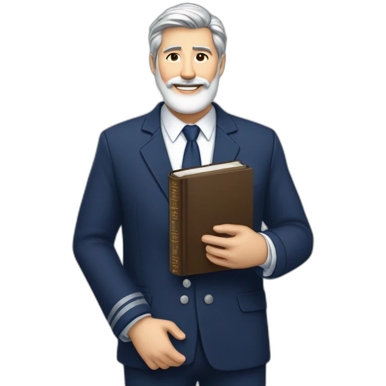 husband classy caucasian 55 dark gray hair trimmed beard wearing navy blue business suit holding bible, with wife asian age 55 dark hair nurse uniform, no children emoji