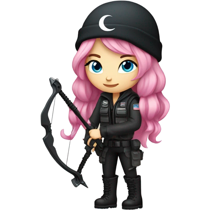 white girl, tactical vest, dark pants, pink hair, blue eyes, black beanie hat with crescent moon and stars on front, bow and arrow, black combat boots emoji