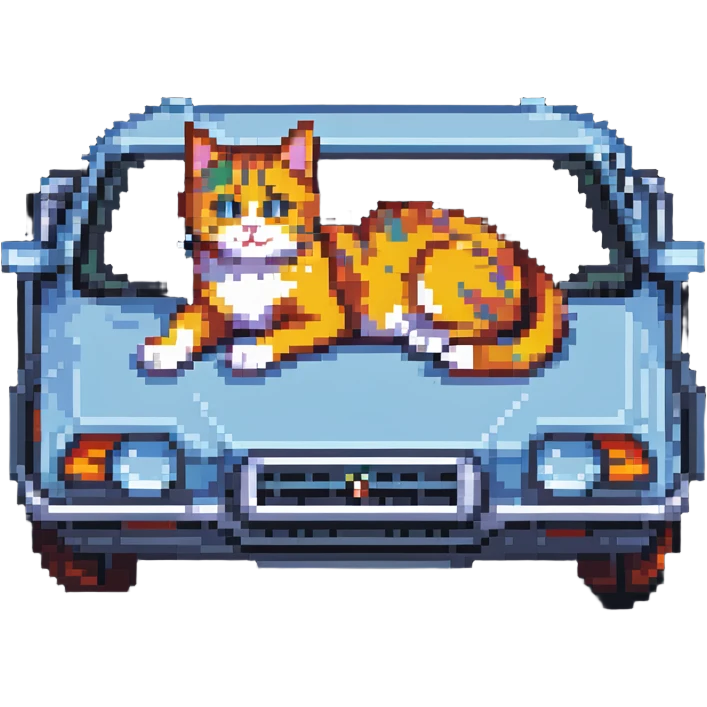 a playful cat lying on the roof of a car, pixel art style emoji