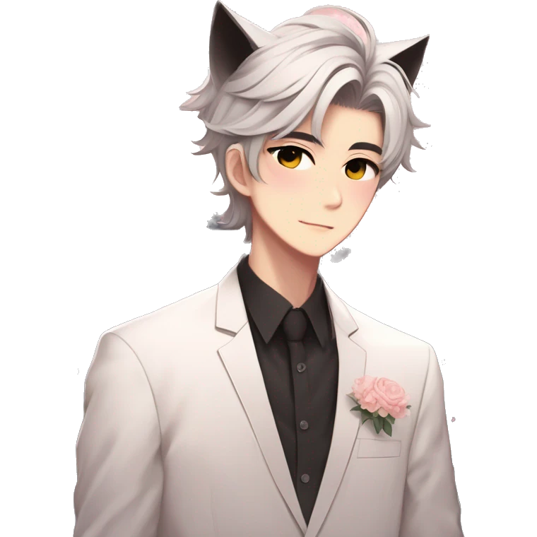 Gorgeous romantic anime style Asian formal modern shojo guy with cat ears and flowers and blushing face aesthetic trending style outside emoji