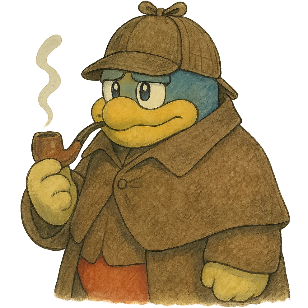 King Dedede from Kirby as a detective, wearing a deerstalker hat and holding a pipe, ghibli style emoji