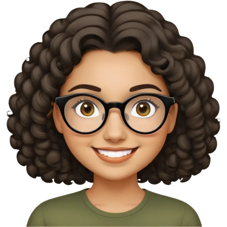 Young Latina woman with light tan skin. Round friendly face with dimples when smiling. Dark brown eyes behind black-framed glasses. Thick arched eyebrows. Shoulder-length curly voluminous hair. Big smile. Wearing an olive green top. emoji