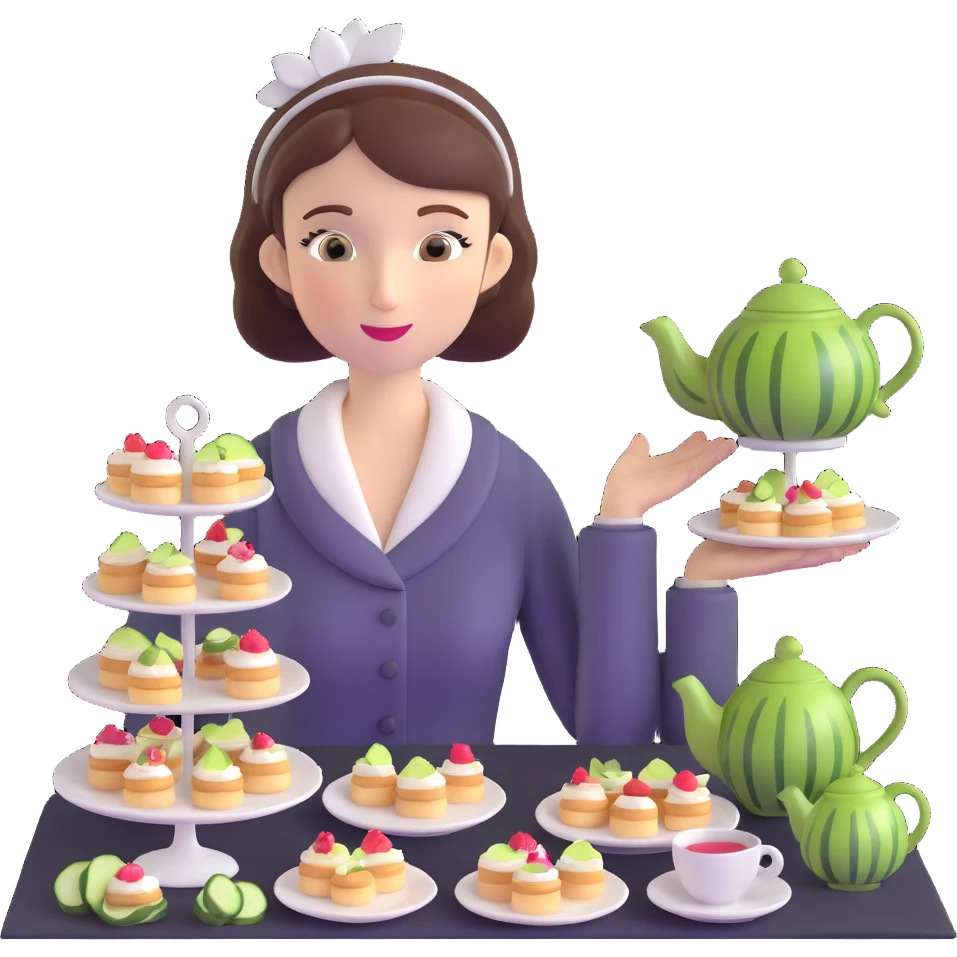 Sophisticated British young woman at afternoon tea party with teapot, cucumber sandwiches and petit fours emoji