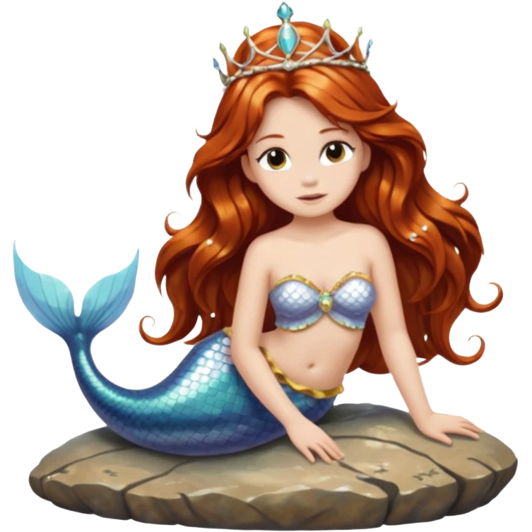 Mermaid with Shell Crown – Long flowing hair, shell tiar, sitting on rock emoji