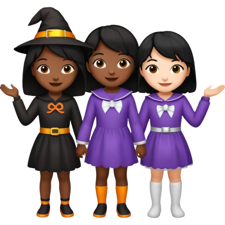 Three best friends, cute Halloween, dark black Asian and white emoji