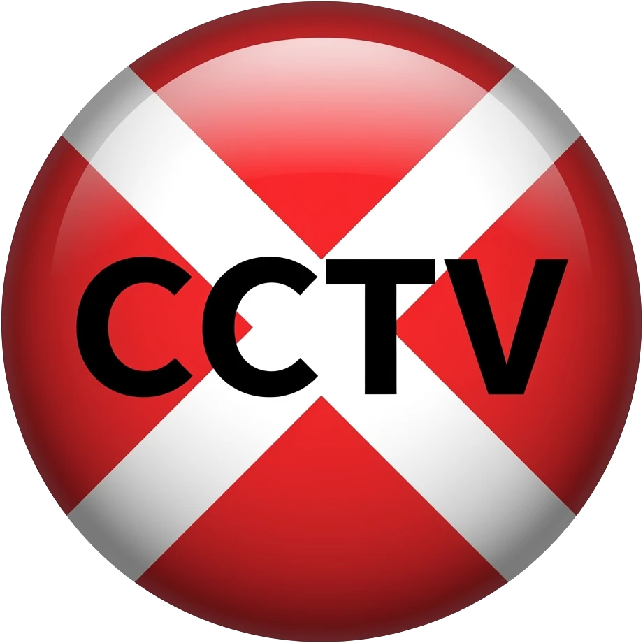 Red filled circle with white X and arrow end points on the X. Big CCTV word in the centre in black emoji