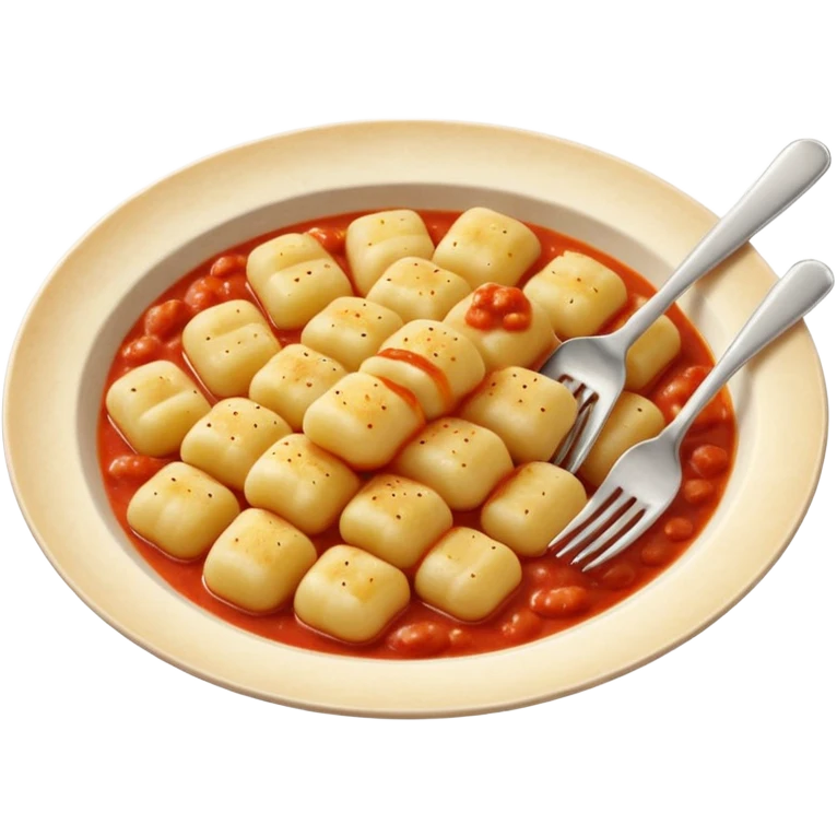 Gnocchi Cinematic Realistic Gnocchi Dish Emoji, depicted as tender oblong potato gnocchi garnished with iconic fork marks on top, rendered with soft textures and warm, inviting lighting. add red sauce emoji