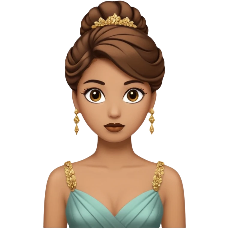Woman using a long elegant dress. She has medium skin tone and a brown with gold makeup emoji