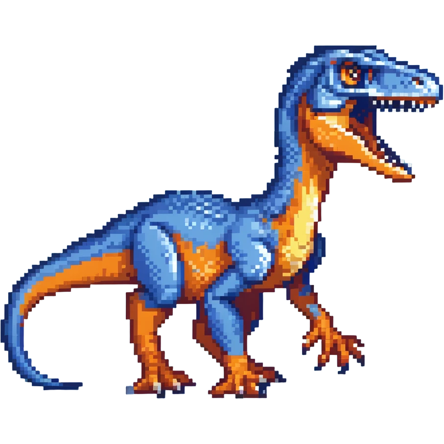 A bright blue velociraptor dinosaur with sharp teeth and claws emoji