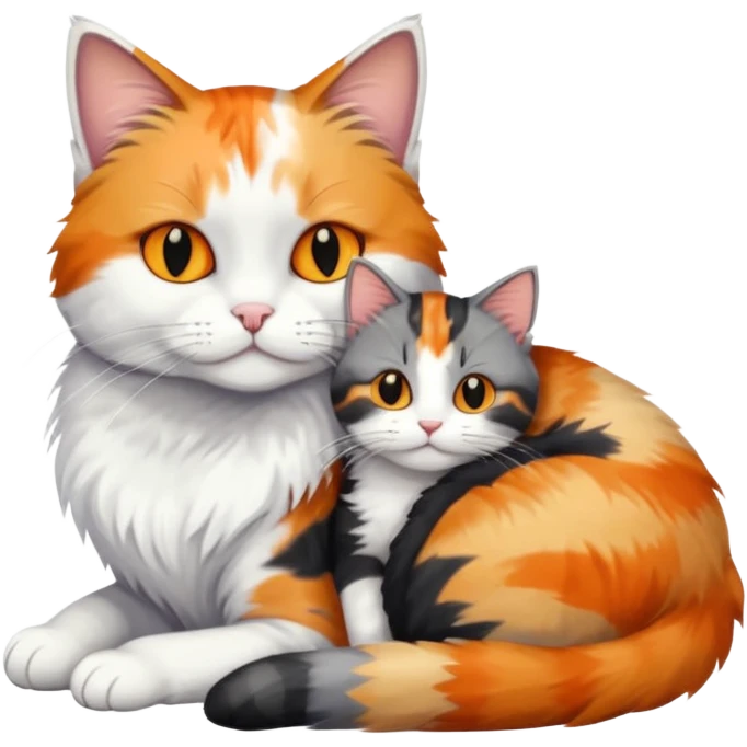 full body colourful light patched calico + white tabby cat cuddling a grey and white cat  emoji