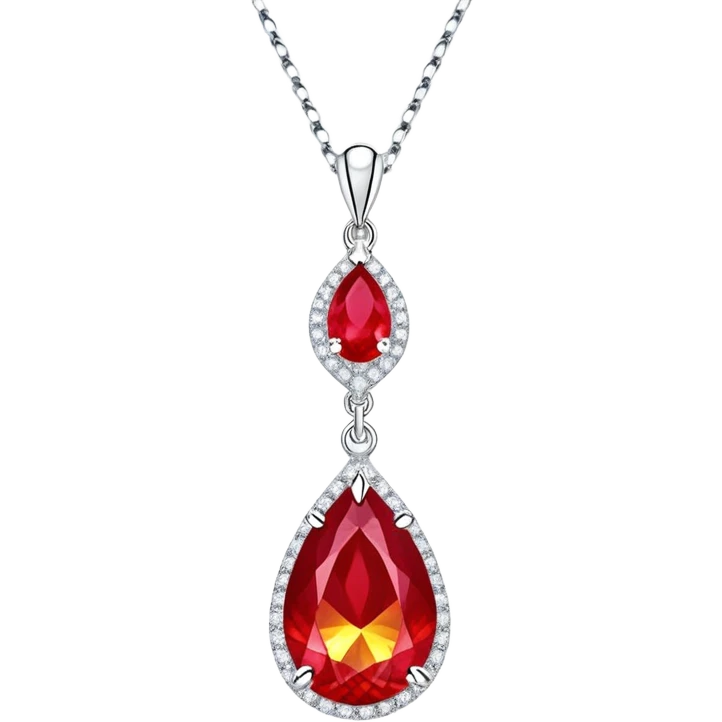 close-up teardrop ruby pendant with fiery light, yellow glow, tiny phoenix feather, shimmering white stones, silver chain emoji