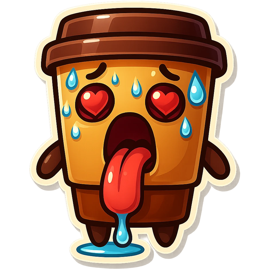 Tall coffee cup, sweating, mouth open, heart eyes, tongue on ground emoji
