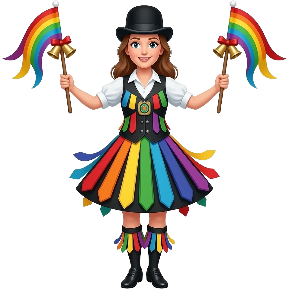 Female Border Morris dancer with sticks in hands and christmas bells on shins only with rainbow tatters coming off her waist and a vest with tatters and black bowler hat emoji