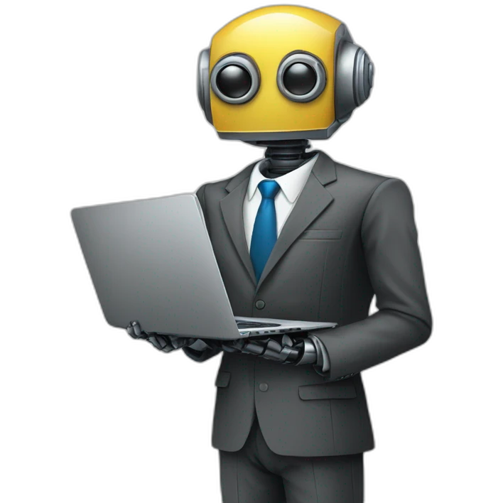 robot in a suit with head tilted using a laptop emoji