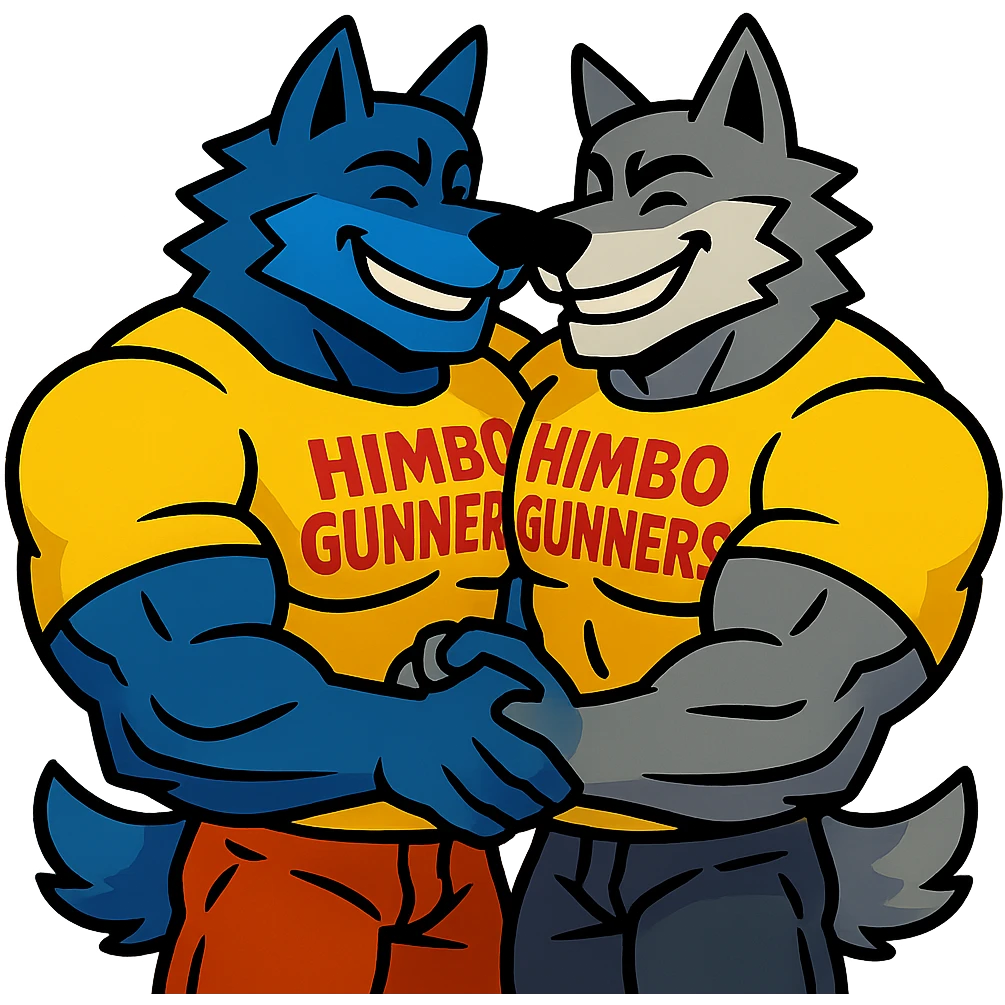 keep only the pair of ultra-muscular wolf furries in 'Himbo gunners' t-shirts hugging emoji
