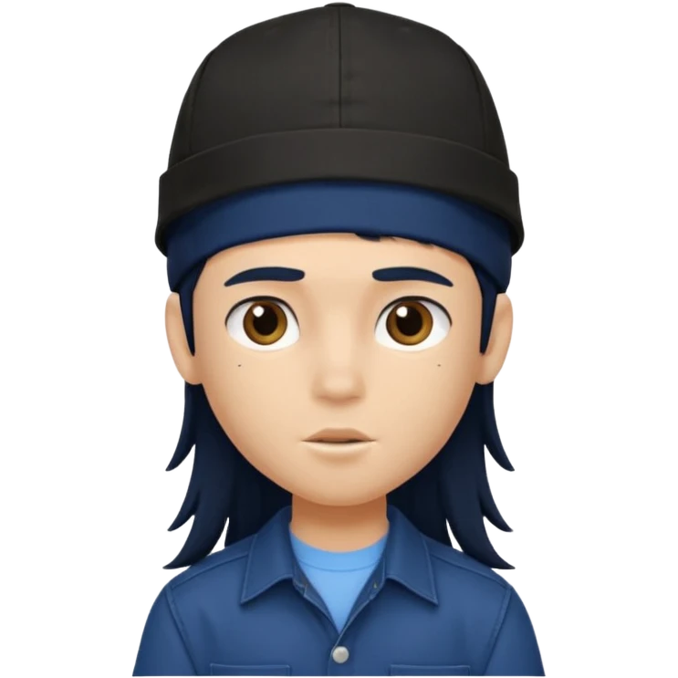 generate a pretty bratz boy wearing a dark blue button up shirt, long black mullet hair. 

Dark blue cap on head emoji