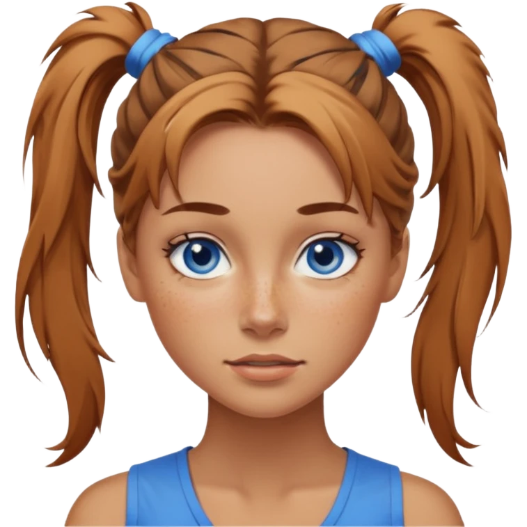 Attractive Woman with tan skin, blue eyes, wide face, freckles, and a messy ponytail  emoji