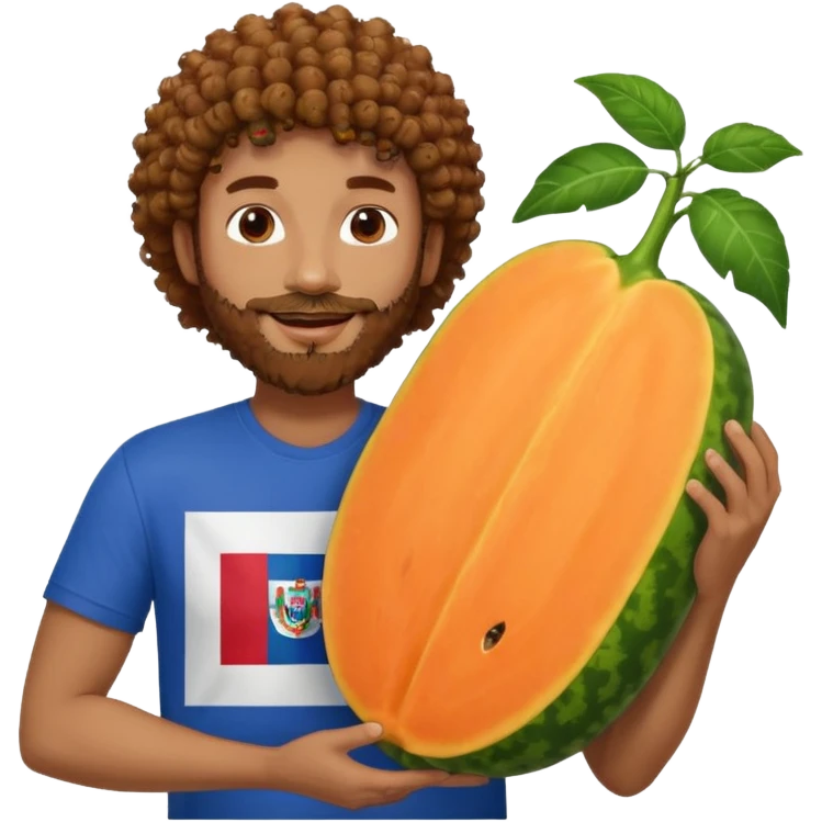 A very happy papaya hugging a curly hair man with a beard and Dominican flag on his shirt   emoji