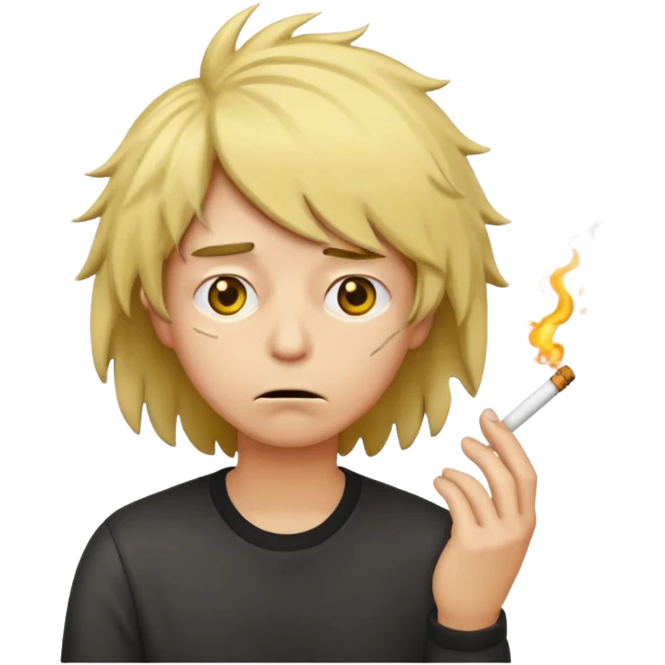 stressed classic yellow emoji looking down shaking head wearing a disheveled wig with a cigarette in hand emoji