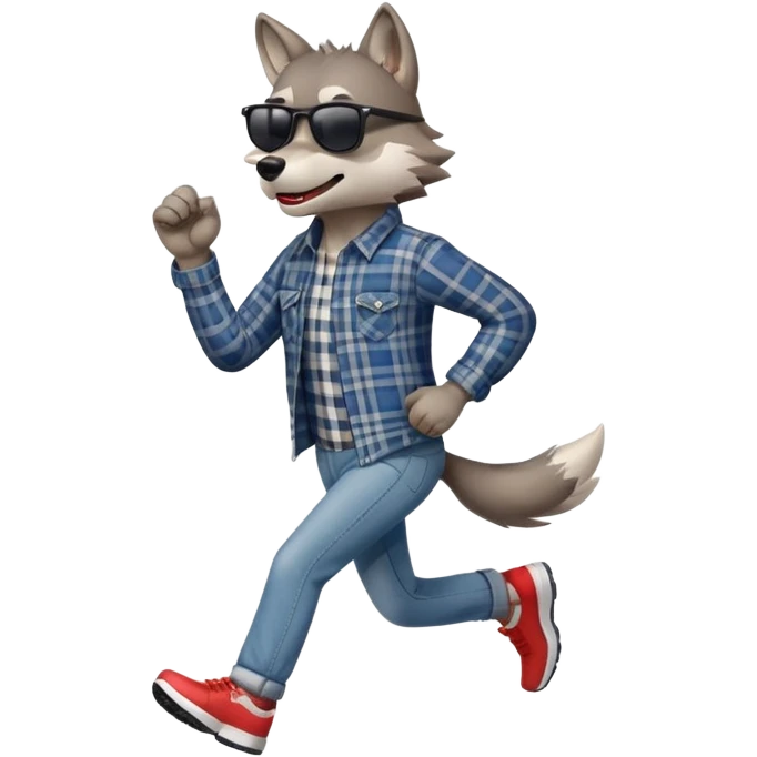 friendly anthropomorphised wolf in jeans and plaid shirt, wearing dark sunglasses, jogging upright in standard pose emoji