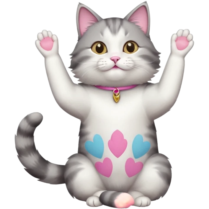 grey and white cat doing a big long stretch reaching up into the air emoji