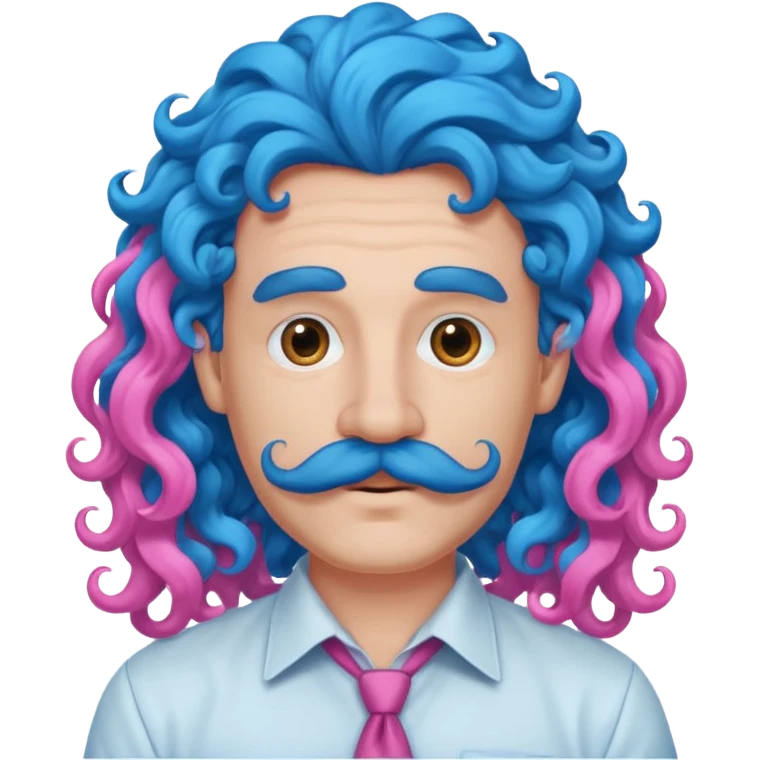 man with very curly long blue hair pink big mustache  emoji