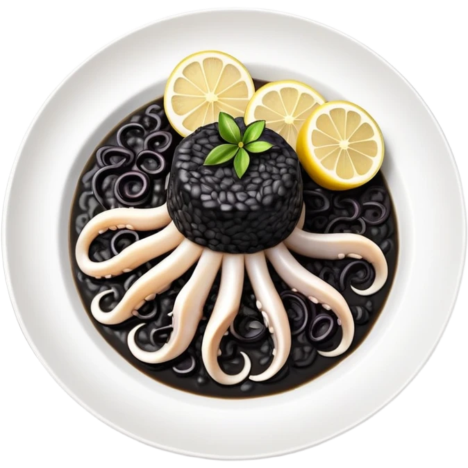cinematic-realistic-black-risotto-dish,-showcasing-lagre squid pieces-rendered-with-bold-textures-and-dynamic,-dramatic-lighting in a white plate with a single slice of grilled lemon on top emoji