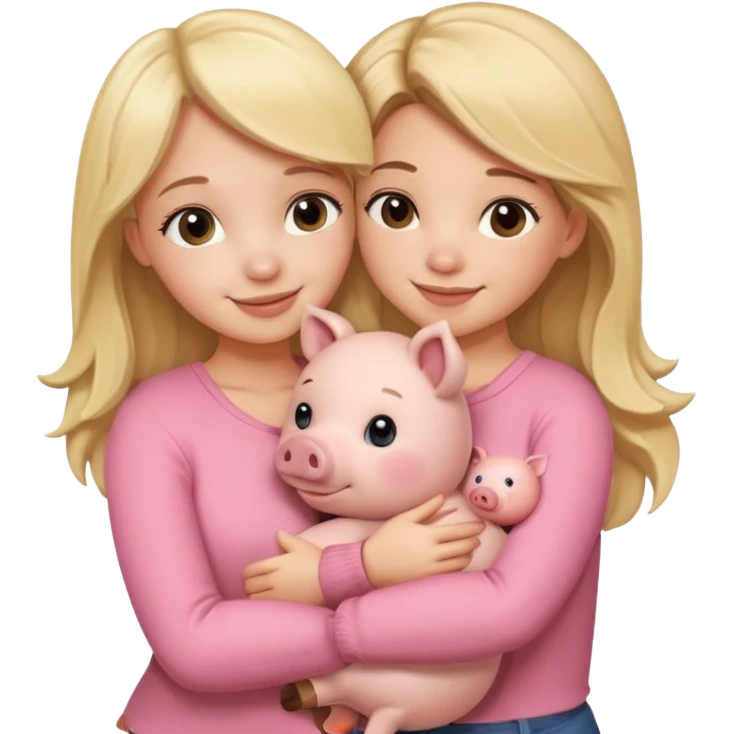 Girlfriends, blonde and brunette, hugging each other with a teddy bear and a little pig. Teddy emoji