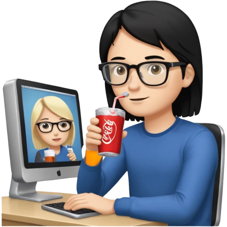 Hombre blanco con gafas, pelo negro tomando un refresco frente a un ordenador con ropa de sport, en la pantalla del ordenador una mujer rubia tomando café emoji