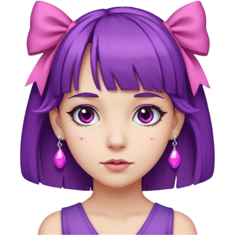 girl with bangs and purple hair and pink hairbow on the side of head and earrings emoji