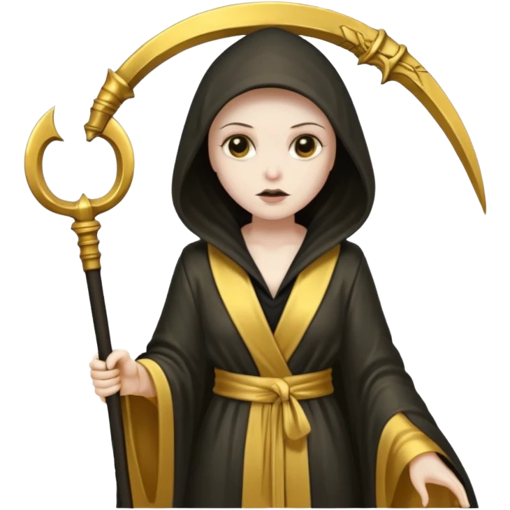 feminine grim reaper in a gold with scythe emoji