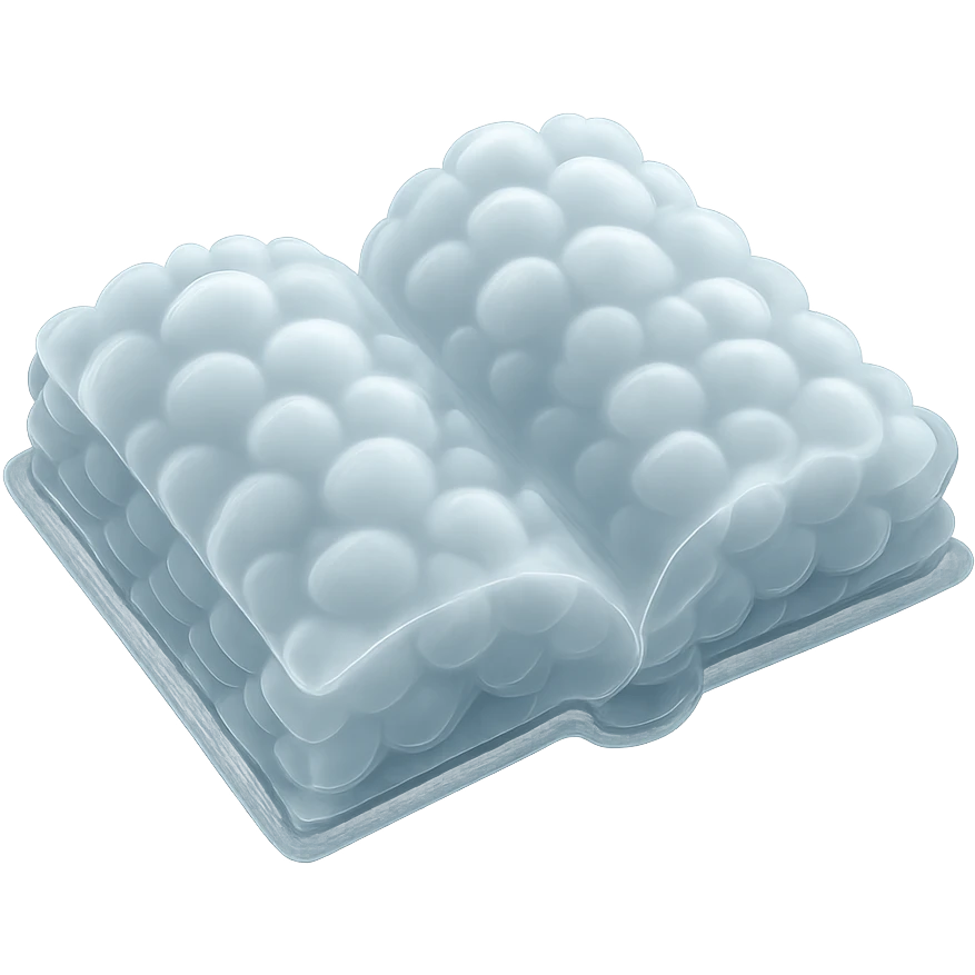 top view of a thick open book made entirely of small, very bright white fluffy convex clouds, matte glass style, emphasis on volume and airiness, no background emoji