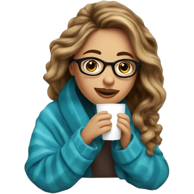 Balayage hair Girl drinking coffee, with a cozy blanket wearing glasses with blue eyes  emoji